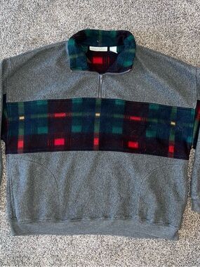 Grey fleece pullover quaterzip with Green & Red Plaid Chest Panel